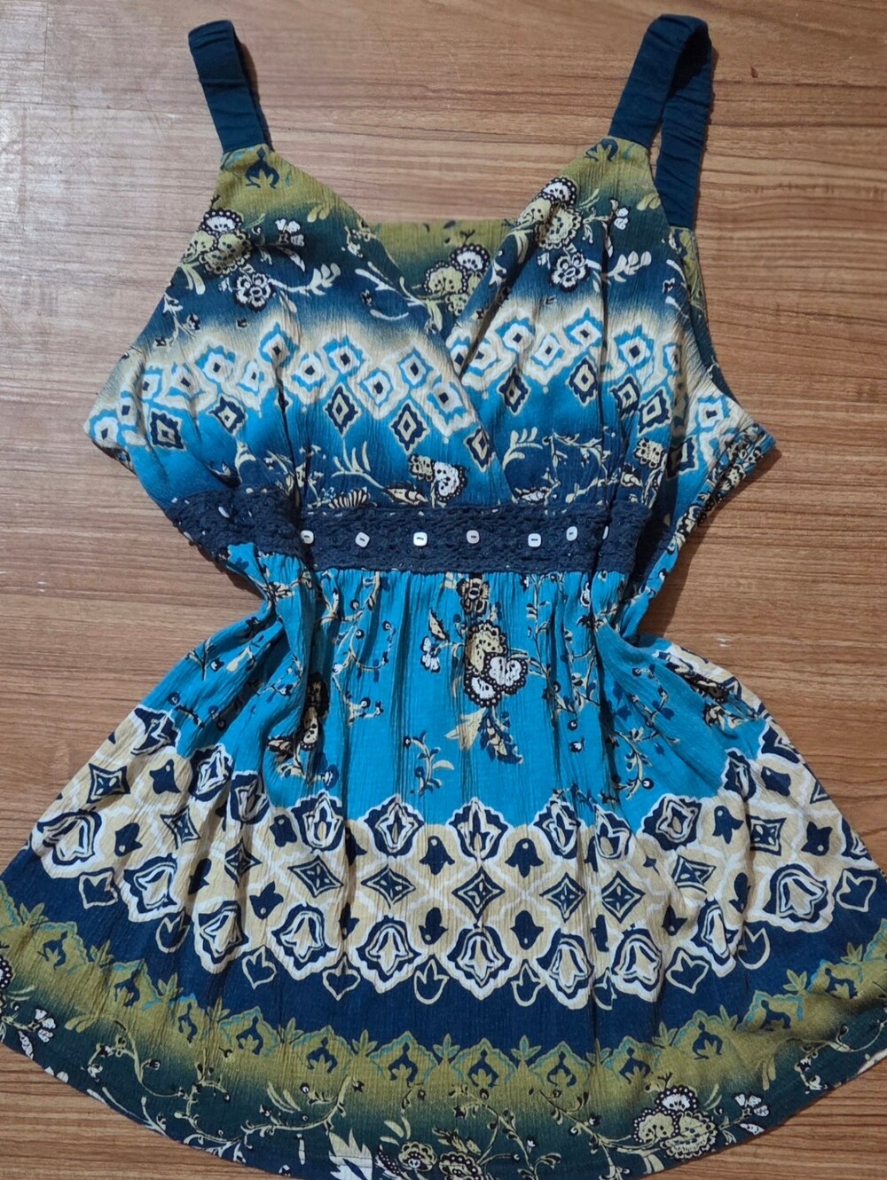 Vintage Y2K Gitano Cami Rare Boho Tribal Floral Teal Green Tank Top